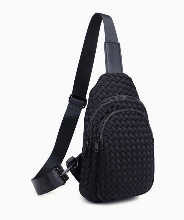 Woven Neoprene Sling Backpack black in color