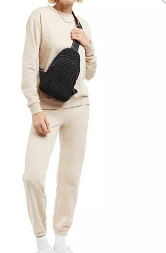 Woven Neoprene Sling Backpack black in color